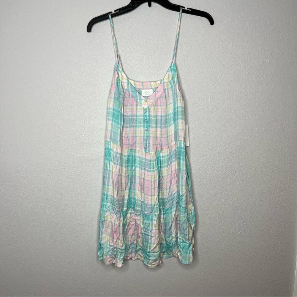 New Abound Pink Green Cream Plaid Spaghetti Strap Sun Dress Women's size S